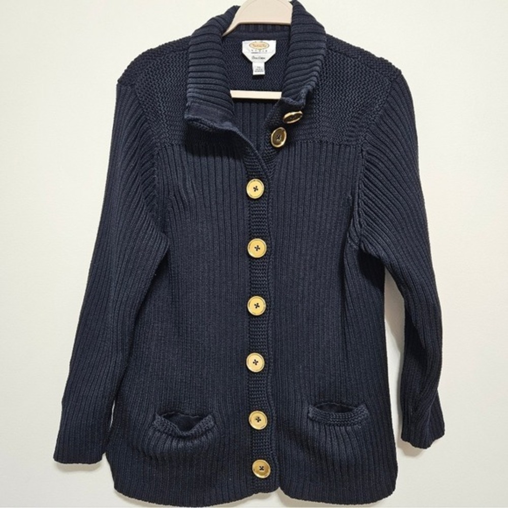 Talbots 100% Pima Cotton Knit Cardigan Sweater Chunky Gold Buttons Blue 3X